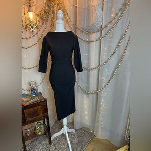 Unique Vintage Black Wiggle Dress Bateau Neck 3/4 Sleeve